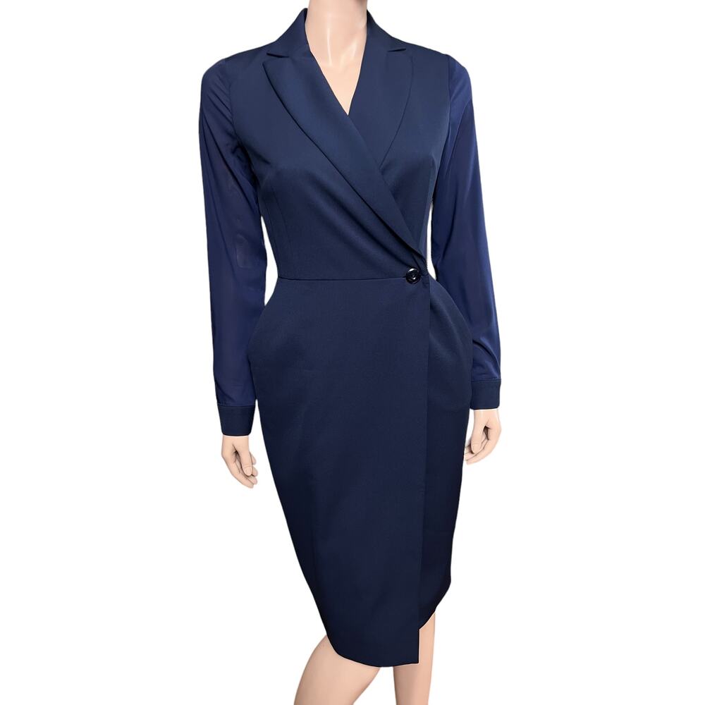 BGL Long Sheer Sleeves Fitted Wrap Knee Length Dress in Navy Blue Sz Large NWT
